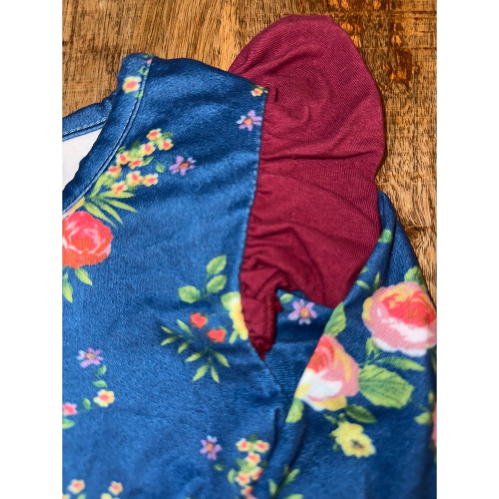 Girls Navy Blue Floral Long Sleeve Ruffle Hem Dress XS Burgundy Mustard Accent - Picture 3 of 5